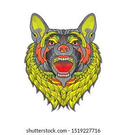 Image of patterned dog barking. Ram Sheep. Tattoo designs. Can be used to design t-shirts, bags, postcards, posters and so on.