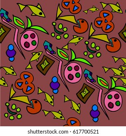 An image with patterns, where there are goldfish, car and leaves.