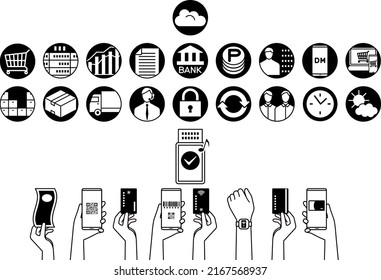 Image of payment settlement with cards and apps and store cloud management