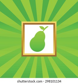 Image of pear in golden frame, on green abstract background