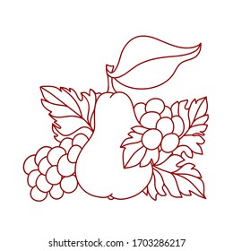 Imagen de pera y uvas. Vector. Aislado. Blanco y negro.