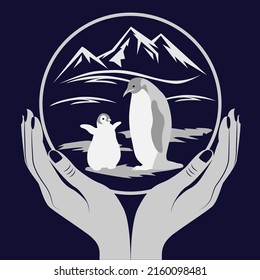 The image of a penguin and his cub on the background of a glacier in the hands of a woman. Ecological concept. World Environment Day. Vector illustration