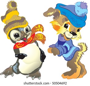 image of penguin and puppy a penguin and puppy is in winter clothes on a white background