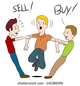 Una imagen de una gente discutiendo sobre si comprar o vender.