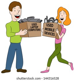 An image of a people holding boxes of used electronics.
