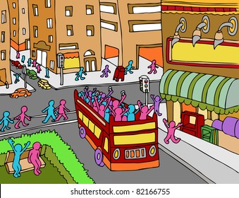 An image of a people riding on a tour bus in the city.