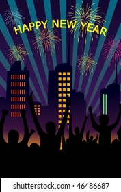An image of people standing in a square, and cheering and bring in the New Year