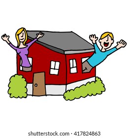 An image of a people waving from a tiny house.