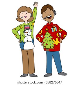 An image of a people wearing ugly christmas sweaters.