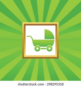 Image of perambulator in golden frame, on green abstract background