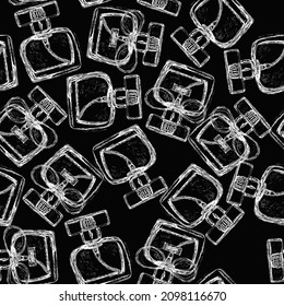 The image of perfume bottles on a black background, vector pattern for decor, printing, paper, wallpaper, textiles, fabric