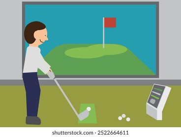 Image of a person practicing at an indoor golf driving range