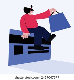 image of person sitting on credit card carrying shopping bags