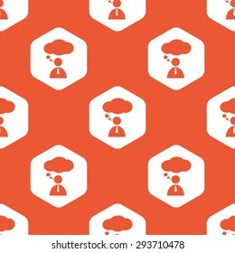 Image of person and thought bubble in white hexagon, repeated on orange background