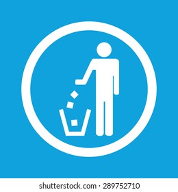 Image of person throwing garbage into litter bin in circle, isolated on blue