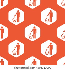 Image of person throwing garbage in white hexagon, repeated on orange background