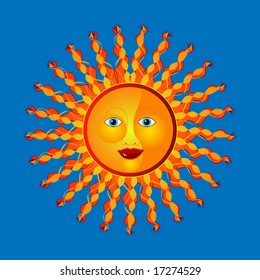 image of a personified sun against a bright blue background