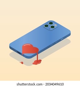 Una imagen del teléfono que se cierne sobre la superficie con la pantalla hacia abajo. Dibujo de un corazón en la cubierta posterior dejando marcas sangrientas en la superficie. Ilustración vectorial.
