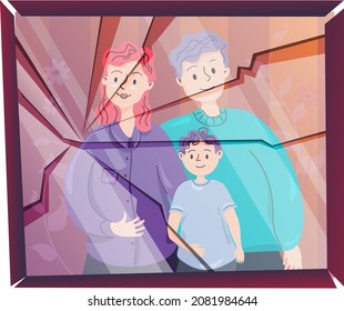 Image Of A Photo In A Broken Frame With Glass Broken Family, One Parent