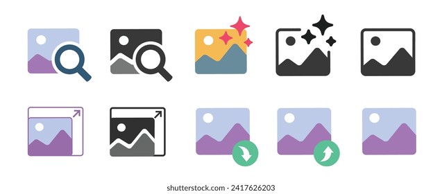 Image photo editing app icons set simple graphic pictogram illustration, enlarge and enhance picture flat, filter effect, upscale zoom, search find magnify, resize line outline art, share pic clipart