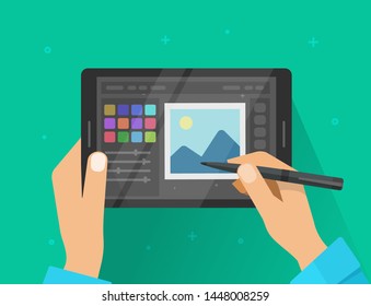 Image photo editing software or picture creating graphic editor program on digital tablet online vector illustration, flat cartoon graphics tablet screen with designer hands drawing pen pencil  