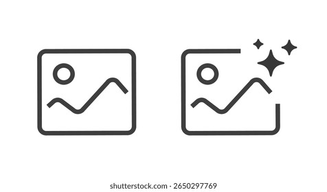 Image photo enhance icon or filter effect simple icon pictogram vector graphic set line stroke, improve refine edit picture art quality symbol outline linear thin, using magic ai tech clip art