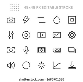 Image, Photo, and Film Editing line icons design. Contains such as flash, blur, crop, sound, play, brightness, battery more. 48x48 pixel editable stroke. Vector illustration Eps 10