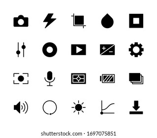 Image, photo, and film editing solid icons design. Contains such as flash, blur, crop, sound, play, brightness, battery more. 48x48 pixel. Vector illustration Eps 10