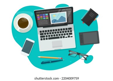 Image photo graphic editor vector on designer table desk top view or professional design illustrator program software on computer laptop workplace flat, creative photography office online modern