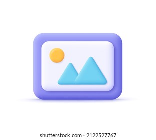 Image, photo, jpg file. Mountains and sun landscape. Picture in a frame. 3d vector icon. Cartoon minimal style.