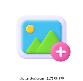 Image, photo, jpg file. Mountains and sun landscape. Picture in a frame with add button. 3d vector icon. Cartoon minimal style.