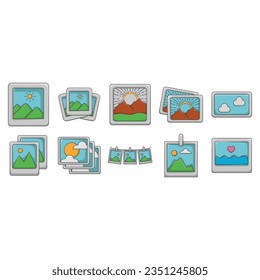 Image, photo, jpg file. Mountains and sun landscape. Picture in a frame. 3d vector icon. Cartoon minimal style.