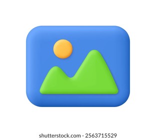 Image, photo, jpg gallery file. Mountains and sun landscape. 3d vector icon. Cartoon minimal style.