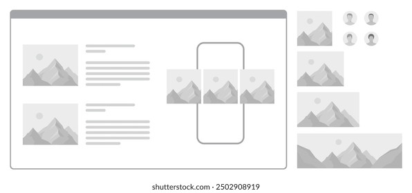 Image or photo placeholder. No photo thumbnail and profile avatar graphic elements. Vector illustration for app, website, or user interface design.