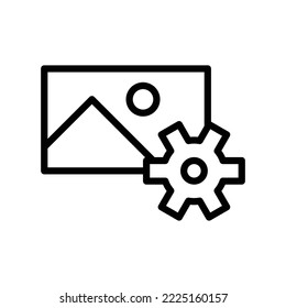 Image or photo setting icon with configuration gear wheel in black outline style
