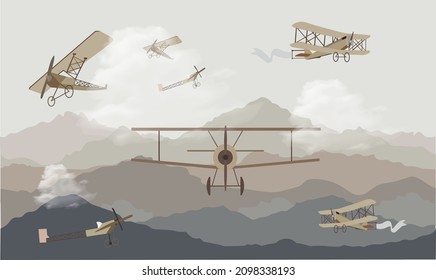 An image for a photo wallpaper in the children's room. Mountains. Airplane. Air balloon
Vector illustration. Wallpaper for the children's room. Pastel colors.