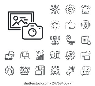 Image photography sign. Place location, technology and smart speaker outline icons. Photo camera line icon. Picture placeholder symbol. Photo camera line sign. Vector