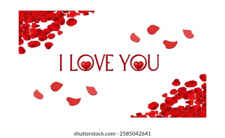 An image with the phrase 'I Love You' elegantly displayed, accompanied by vibrant red rose petals and a colorful heart motif, symbolizing love, romance, passion, and heartfelt emotions.