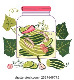 Imagem de pepinos em conserva ou picles, um alimento fermentado popular, ilustração de vetor de estilo desenhado à mão isolado no branco. Pepinos conservados em conserva.