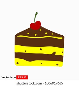 Image of a piece of chocolate cake with cherries. Vector image.