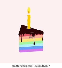 Ein Bild eines Stückes eines festlichen Regenbogenkuchens mit Schokoladenfrost und einer Kerze. Herzlichen Glückwunsch zum Geburtstag