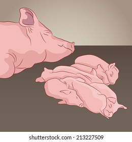 An image of a pig and her piglets.
