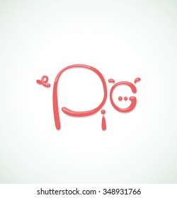 Image of Pig made from letter pig with shadows and highlights, pink color, white background, vector illustration