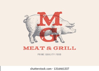 The image of a pig in the technique of retro engraving. Logo template for meat markets with high quality food. Vintage style emblem for meat and grill shops. Vector illustration on light background.