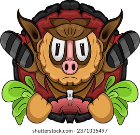 The image of a pig's head holding vegetables is suitable for designing t-shirts, bags and so on