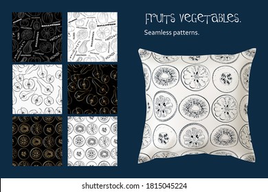 
Imagen de una almohada con un adorno monocromo. Patrones con verduras y frutas. Colección vectorial de patrones sin costura. Frutas tropicales.