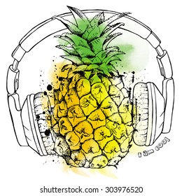 Image of pineapple fruit and headphones. Vector illustration.