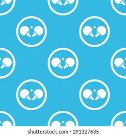 Image of ping pong rackets and ball in circle, repeated on blue background