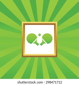 Image of ping pong rackets in golden frame, on green abstract background