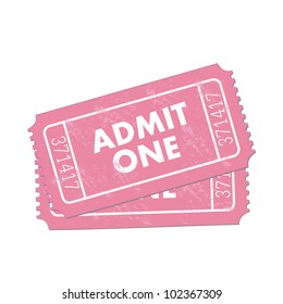 Image of pink Admit One tickets isolated on a white background.